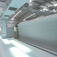 Cast film line interior with running film web